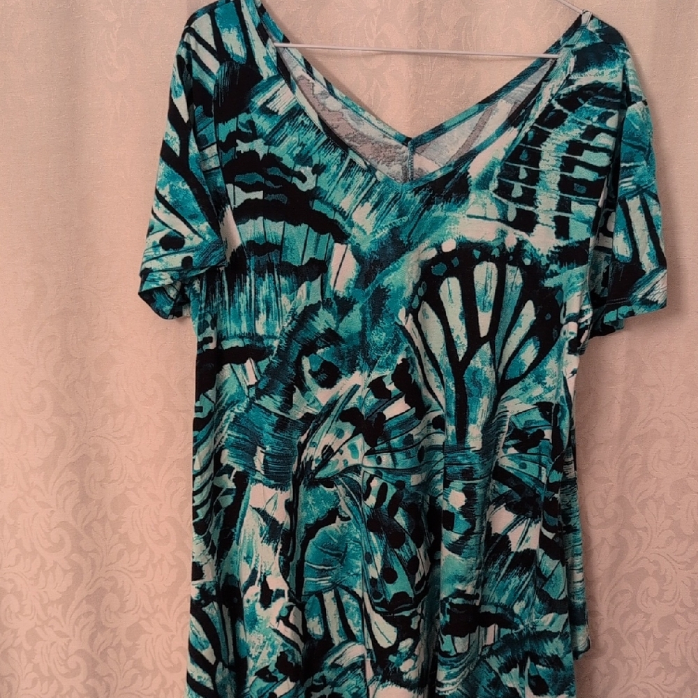 Roaman's Blue-Green and Black Butterfly Pattern V-neck Tunic